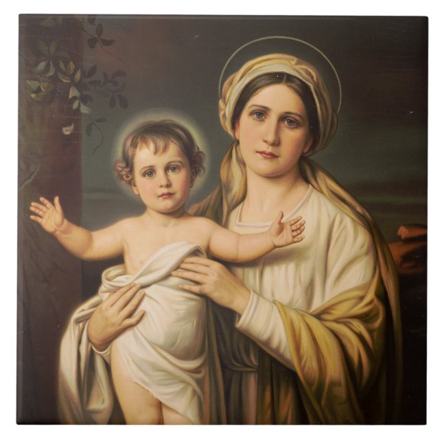 Jungfrau Maria hält den Säugling Jesus Fliese (Vorderseite)
