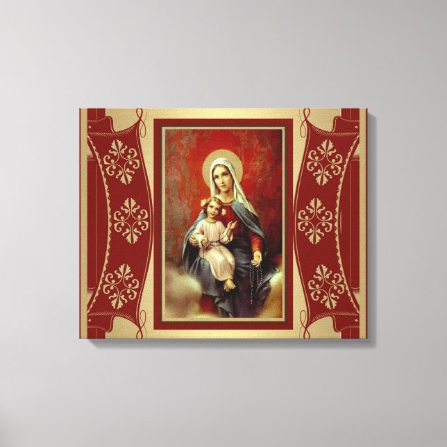 Jungfrau Maria mit Jesus, der Rosenkranz-Gold hält Leinwanddruck (Vorderseite)