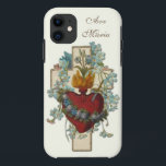 Jungfrau Mary Floral Religious Ave Maria Vintag Case-Mate iPhone Hülle<br><div class="desc">Mit einem wunderschönen,  katholischen Vintage-Bild des Unbefleckten und traurigen Herzens der gesegneten Jungfrau überlagerte Mary ein Kreuz mit blauen Vergessenmerzen und dem lateinischen Text für "Hail Mary"... Ave Maria.</div>