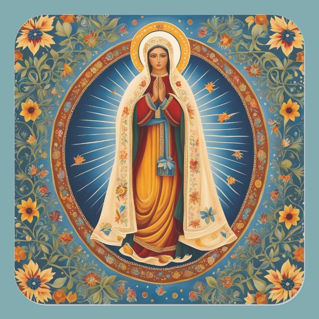 Jungfrau Mary Halo Folk Art Blue Warme White Flora Quadratischer Aufkleber (Von Creator hochgeladen)