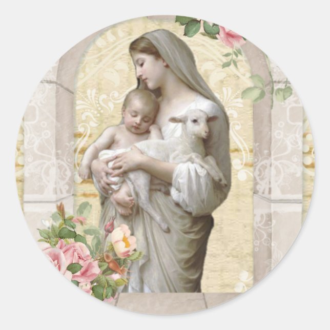 Jungfrau Mary Jesus Lamb Vintage Blumenkirche Runder Aufkleber (Vorderseite)