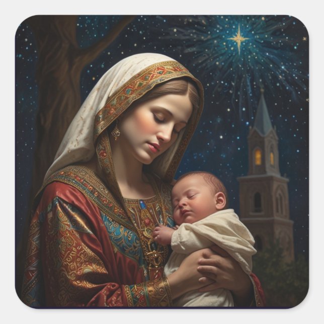 Jungfrau Mary & Jesus Weihnachtskrippe Quadratischer Aufkleber (Vorderseite)