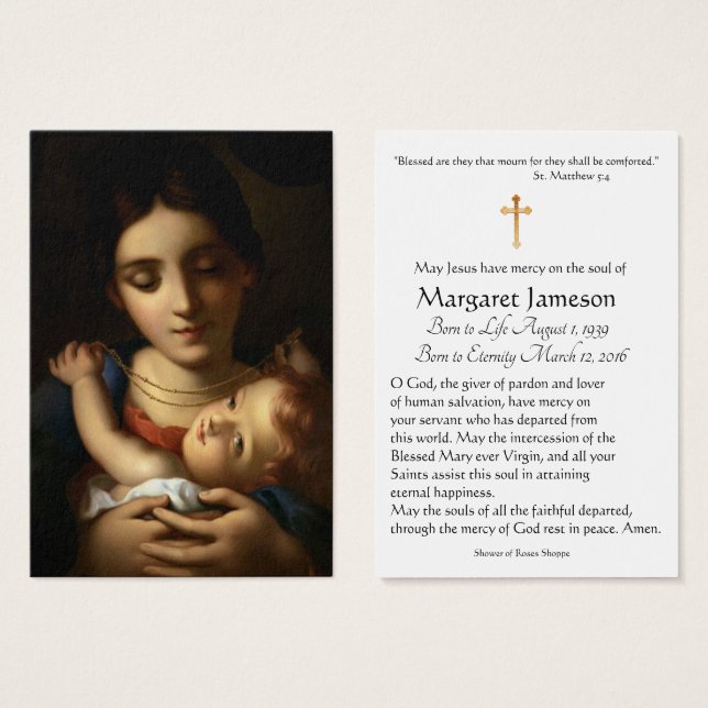 Jungfrau Mary Katholic Funeral Memorial Holcard - (Vorne & Hinten)