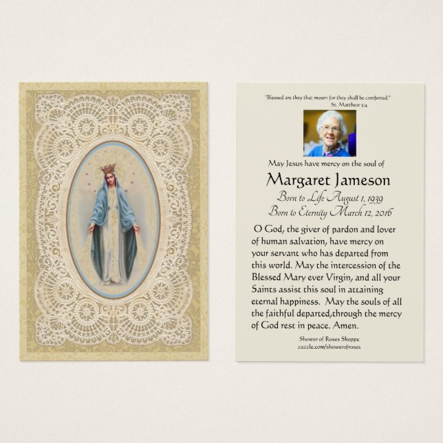 Jungfrau Mary Katholic Funeral Memorial Holcard - (Vorne & Hinten)
