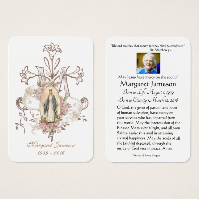 Jungfrau Mary Katholic Funeral Memorial Holcard - (Vorne & Hinten)