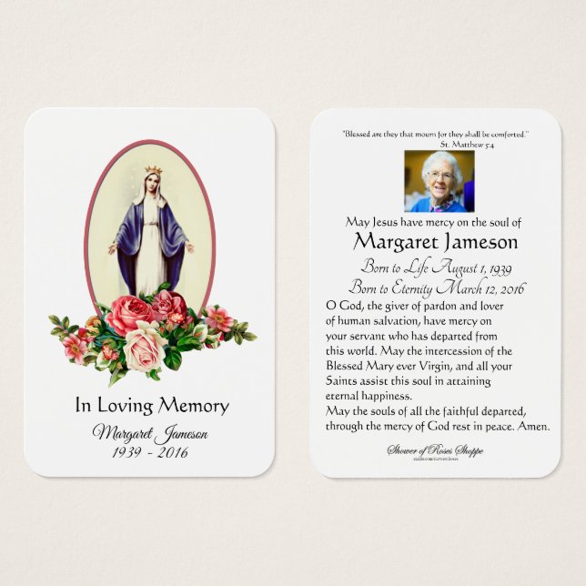 Jungfrau Mary Katholic Funeral Memorial Holcard - (Vorne & Hinten)