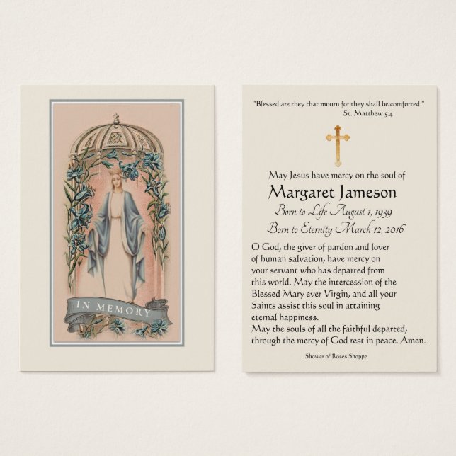 Jungfrau Mary Katholic Funeral Memorial Holcard - (Vorne & Hinten)