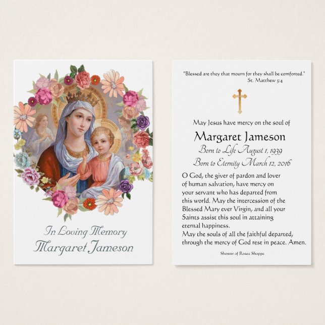 Jungfrau Mary Katholic Funeral Memorial Holcard - (Vorne & Hinten)