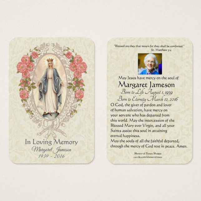 Jungfrau Mary Katholic Funeral Memorial Holcard - (Vorne & Hinten)