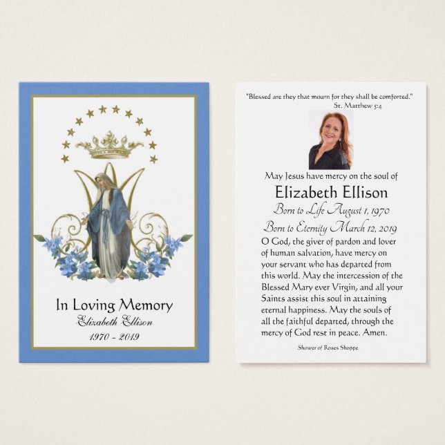 Jungfrau Mary Katholic Funeral Memorial Holcard - (Vorne & Hinten)