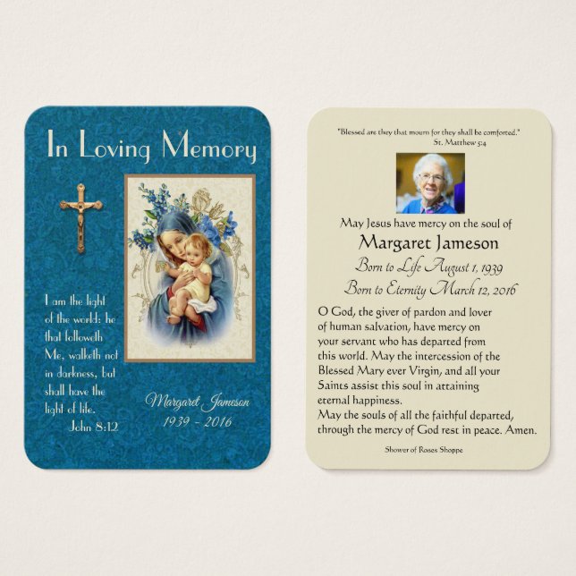 Jungfrau Mary Katholic Funeral Memorial Holcard - (Vorne & Hinten)