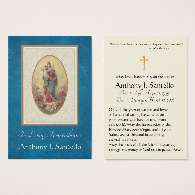Jungfrau Mary Katholic Funeral Memorial Holcard - (Vorne & Hinten)