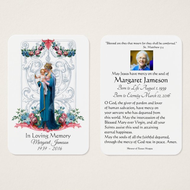 Jungfrau Mary Katholic Funeral Memorial Holcard - (Vorne & Hinten)