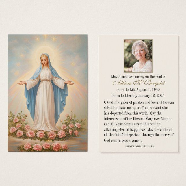 Jungfrau Mary Katholic Funeral Memorial Holcard - (Vorne & Hinten)