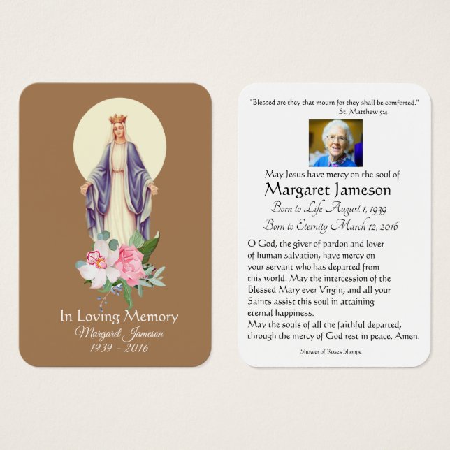 Jungfrau Mary Katholic Funeral Memorial Holcard - (Vorne & Hinten)