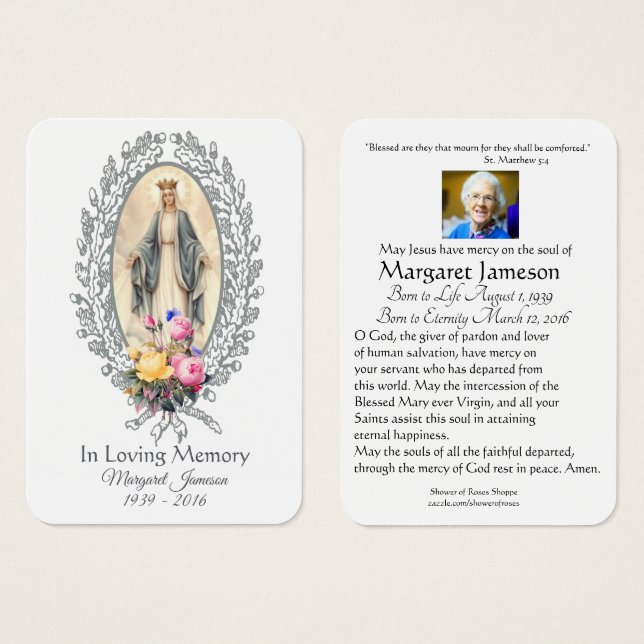 Jungfrau Mary Katholic Funeral Memorial Holcard - (Vorne & Hinten)