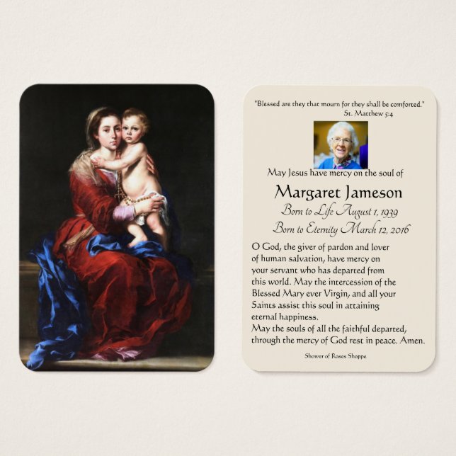 Jungfrau Mary Katholic Funeral Memorial Holcard - (Vorne & Hinten)