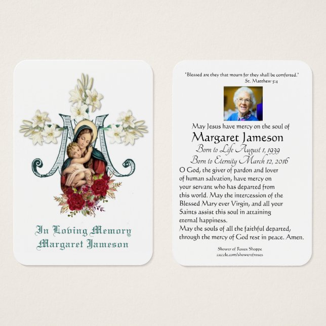 Jungfrau Mary Katholic Funeral Memorial Holcard - (Vorne & Hinten)