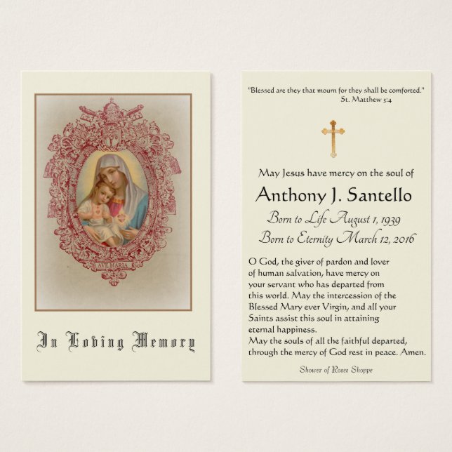 Jungfrau Mary Katholic Funeral Memorial Holcard - (Vorne & Hinten)