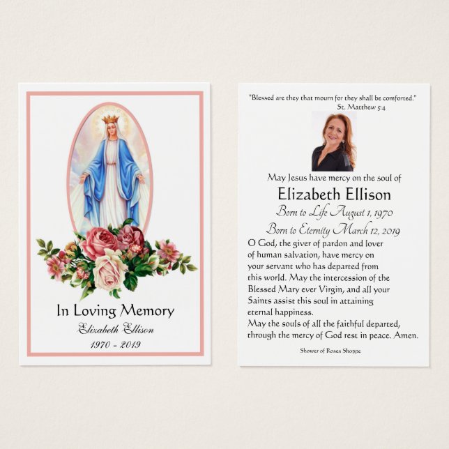 Jungfrau Mary Katholic Funeral Memorial Holcard - (Vorne & Hinten)