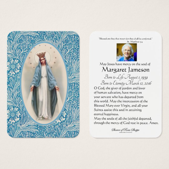 Jungfrau Mary Katholic Funeral Memorial Holcard - (Vorne & Hinten)