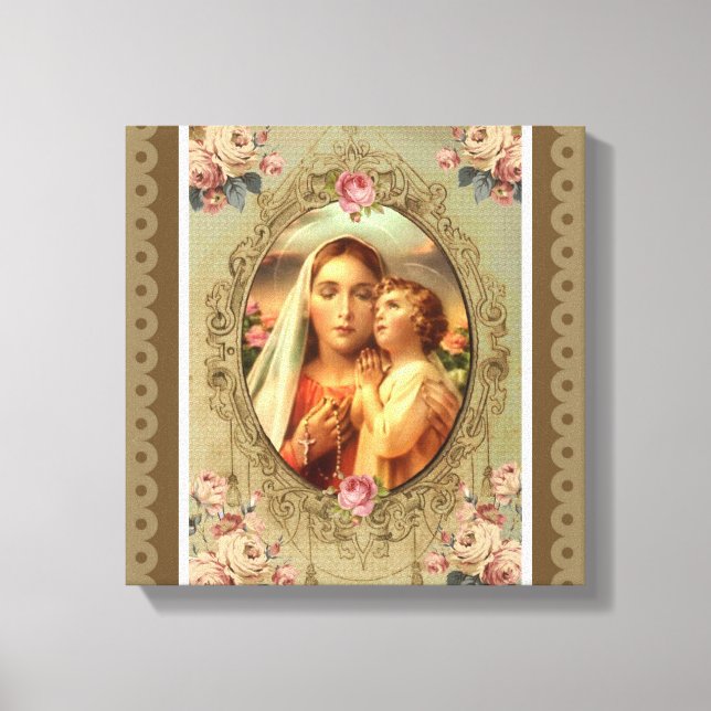 Jungfrau Mary Madonna Kind Jesus Rose Rosary Leinwanddruck (Vorderseite)