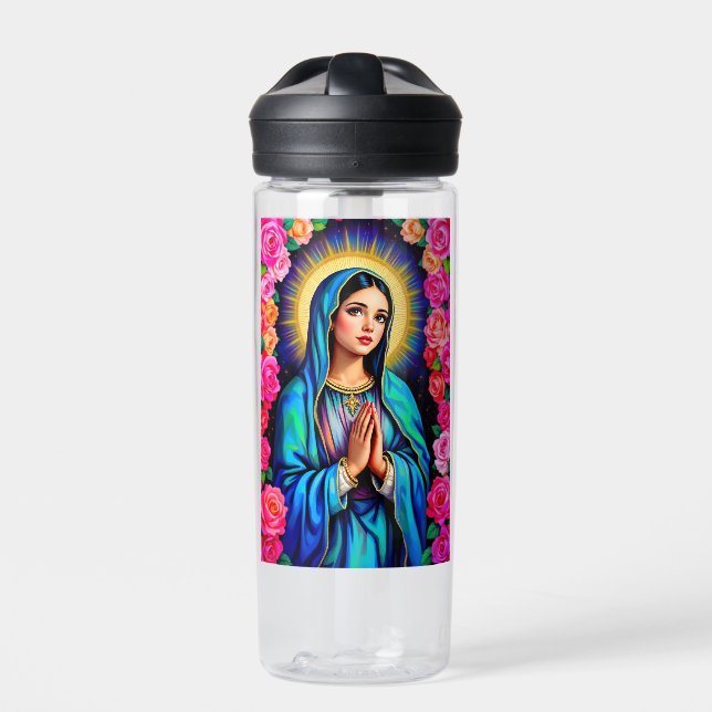 Jungfrau Mary mit Gebet-Händen und Rose Trinkflasche (Vorderseite)
