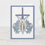 Jungfrau Mary Mother mit Blume Card gesegnet Karte<br><div class="desc">Schönes traditionelles katholisches Vintage-Image der gesegneten Jungfrau Mary mit blauen Blumenstrauß überlagert auf "M" Marian Cross. Alle Texte können geändert werden.</div>