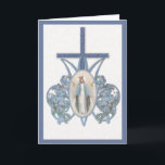 Jungfrau Mary Mother mit Blume Card gesegnet Karte<br><div class="desc">Schönes traditionelles katholisches Vintage-Image der gesegneten Jungfrau Mary mit blauen Blumenstrauß überlagert auf "M" Marian Cross. Alle Texte können geändert werden.</div>