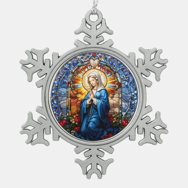 Jungfrau Mary Praying Stettingglas Schneeflocken Zinn-Ornament (Vorderseite)