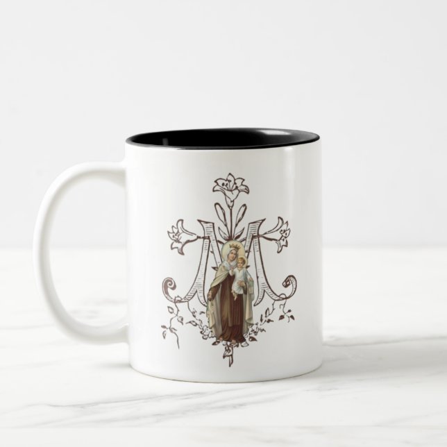 Jungfrau Mary Religiös-Katholischer Berg Carmel Zweifarbige Tasse (Links)