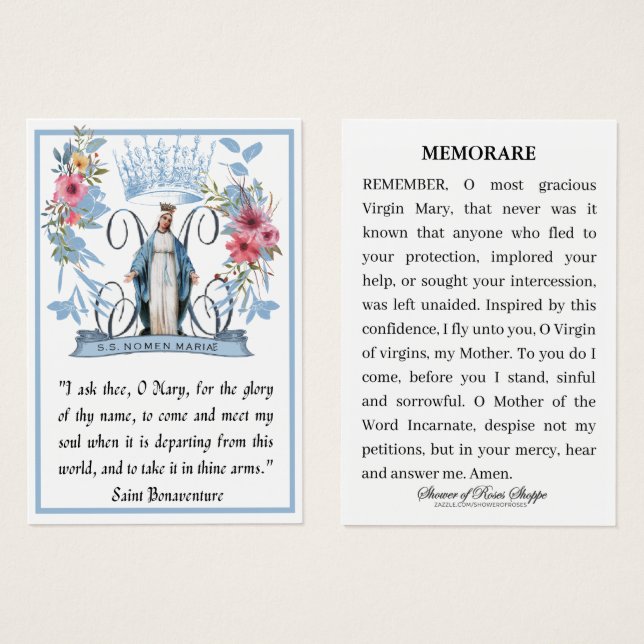 Jungfrau Mary Religious Katholic Memorare Gebet (Vorne & Hinten)
