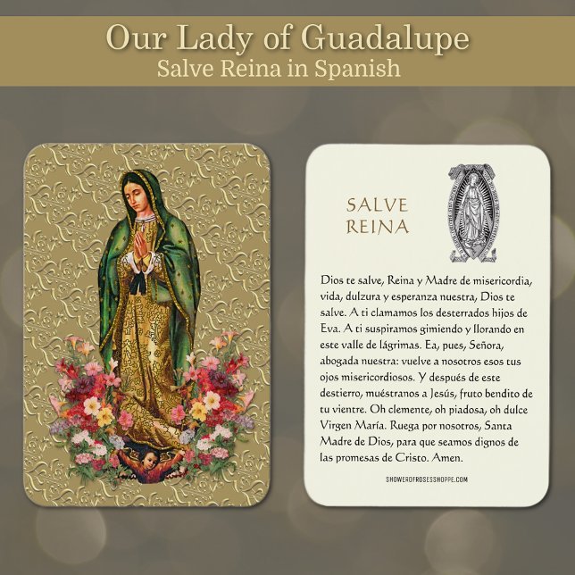 Jungfrau Mary Salve Reina Spanisches Gebet Heilige (Featuring a beautiful image of Our Lady of Guadalupe with the Hail Holy Prayer in Spanish.)