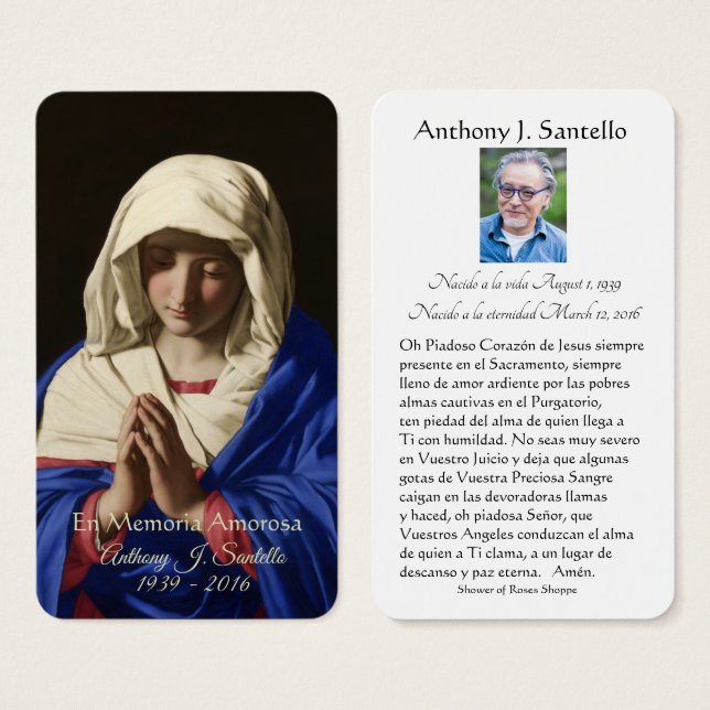 Jungfrau Mary Spanish Funeral Memorial Holcard - (Vorne & Hinten)