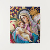 Jungfrau Mary und Baby Jesus in bestickten Textili