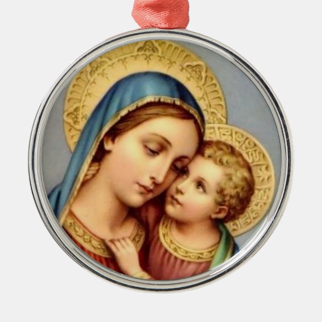 Jungfrau Mary und Baby-Jesus-Weihnachtsverzierung Silbernes Ornament (Vorne)