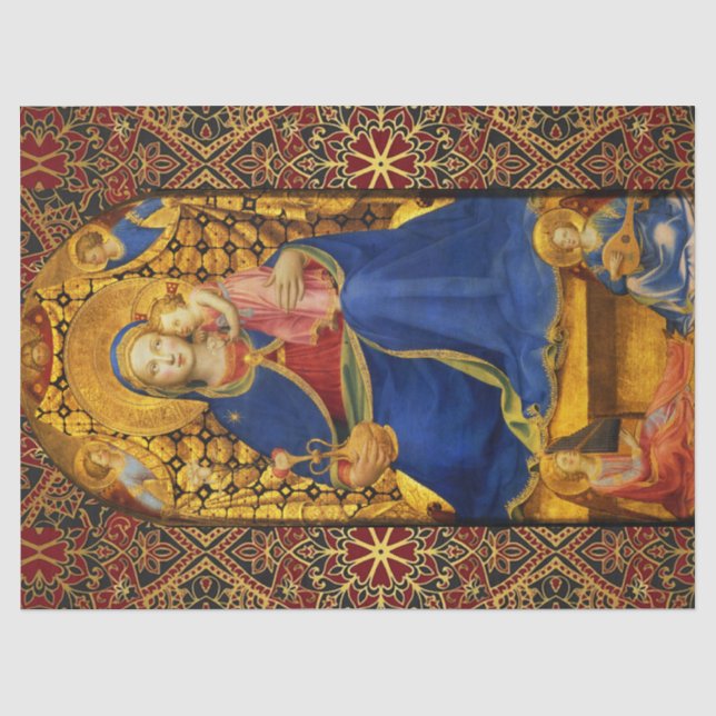 JUNGFRAU MIT KIND UND ANGELN, Red Blue Gold Xmas Seidenpapier (Vorderseite)