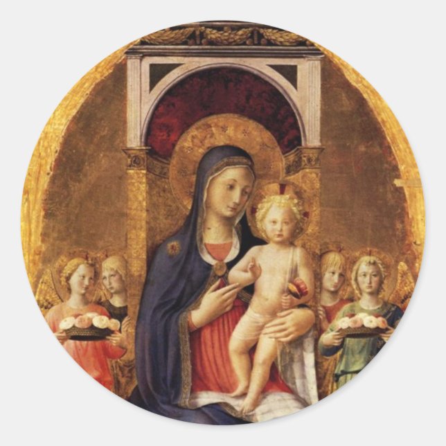 JUNGFRAU MIT KIND UND ANGELN RUNDER AUFKLEBER (Vorderseite)