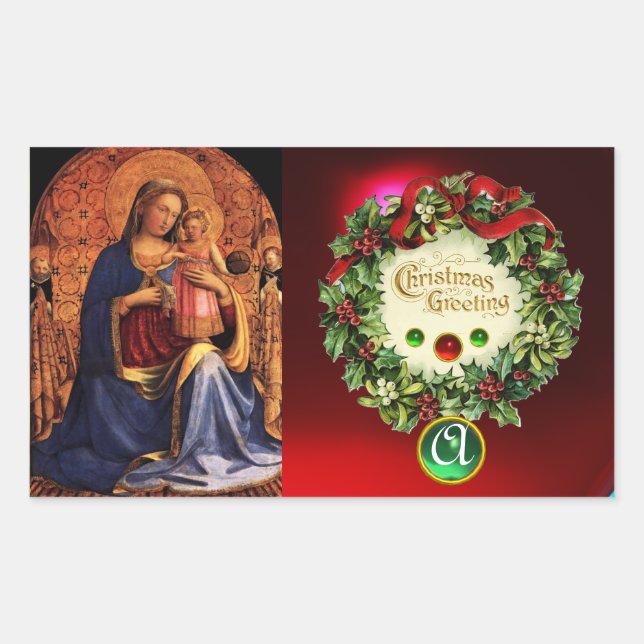 JUNGFRAU MIT KINDERN SITZT MONOGRAM Green Emerald Rechteckiger Aufkleber (Vorderseite)