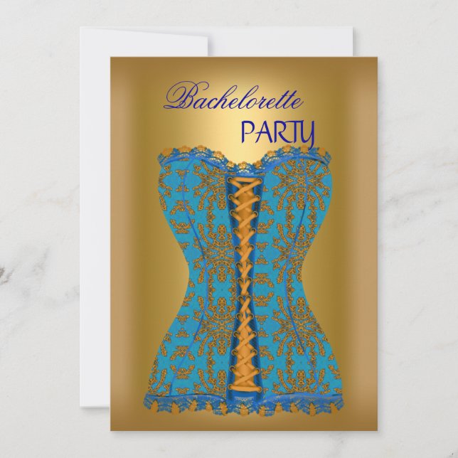 Junggeselinnen-Abschied Aquamarin Blue Corset Gelb Einladung (Vorderseite)