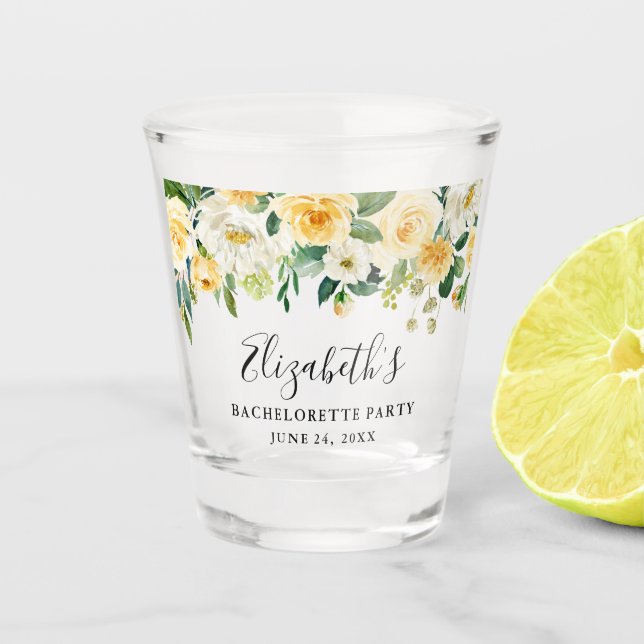 Junggeselinnen-Abschied Aquarell Gelbe Blume Schnapsglas (Vorderseite)
