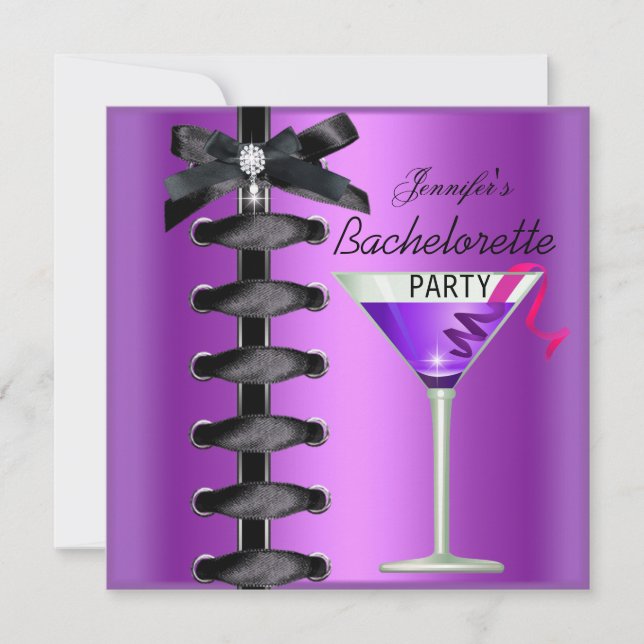 Junggeselinnen-Abschied Black Lila Cocktail Krawat Einladung (Vorderseite)