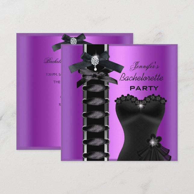Junggeselinnen-Abschied Black Lila Diamond Corset  Einladung (Vorne/Hinten)