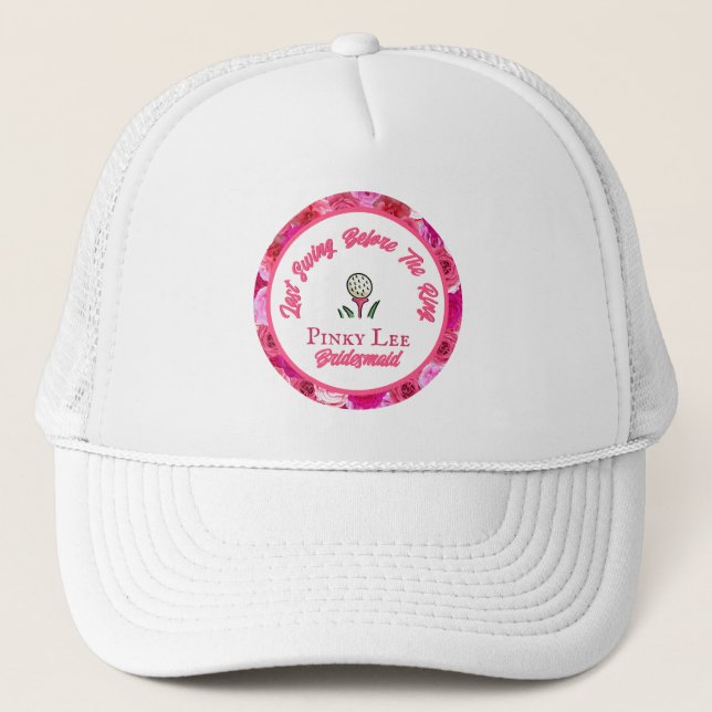 Junggeselinnen-Abschied Brautparty Golf Pink Blüte Truckerkappe (Vorderseite)