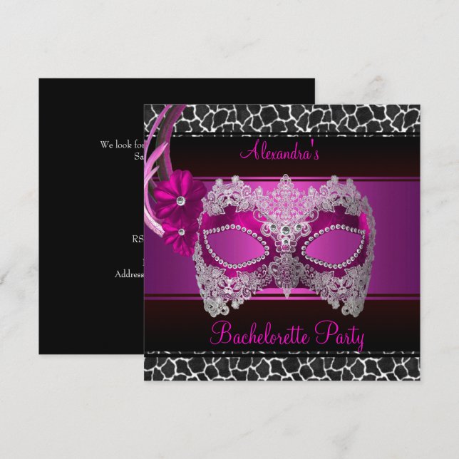 Junggeselinnen-Abschied Bright Pink Mask Schwarz-w Einladung (Vorne/Hinten)