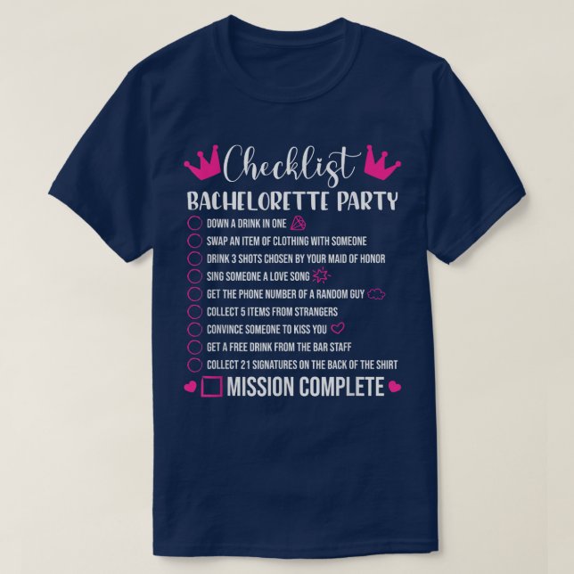 Junggeselinnen-Abschied Checklist Games Bride 39 T-Shirt (Design vorne)