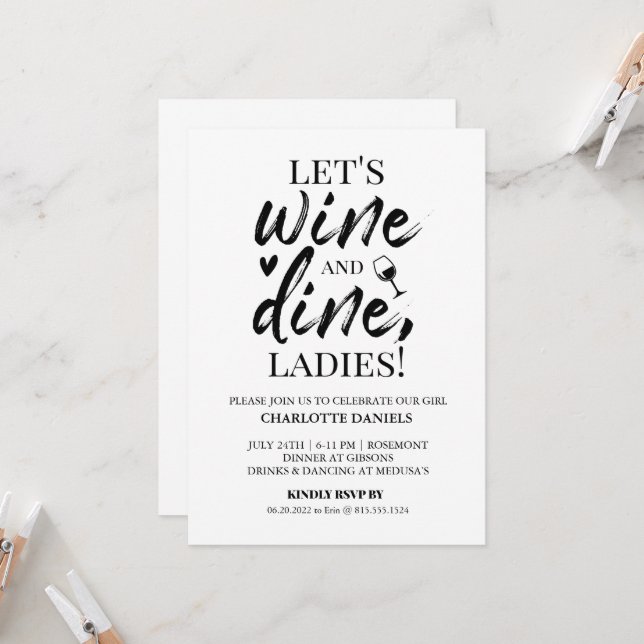 Junggeselinnen-Abschied Einladung | Wein und Dine (Vorderseite/Rückseite Beispiel)