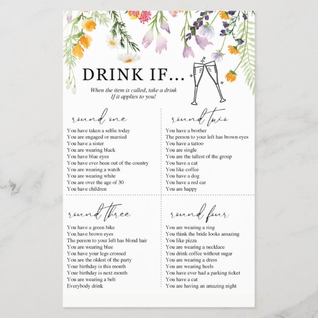 Junggeselinnen-Abschied Game Drink, wenn Wildblume Flyer (Vorne)