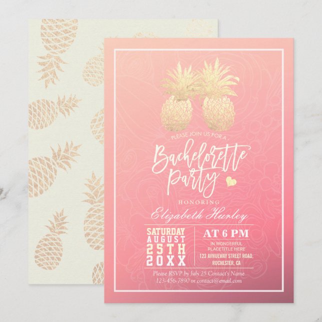 Junggeselinnen-Abschied Gold Ananas Paare Rosa Ros Einladung (Vorne/Hinten)
