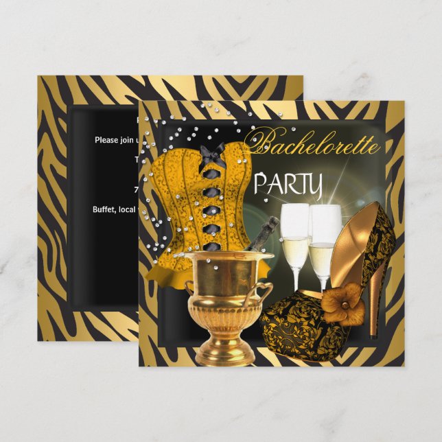 Junggeselinnen-Abschied Gold Black Corset Shoes Einladung (Vorne/Hinten)
